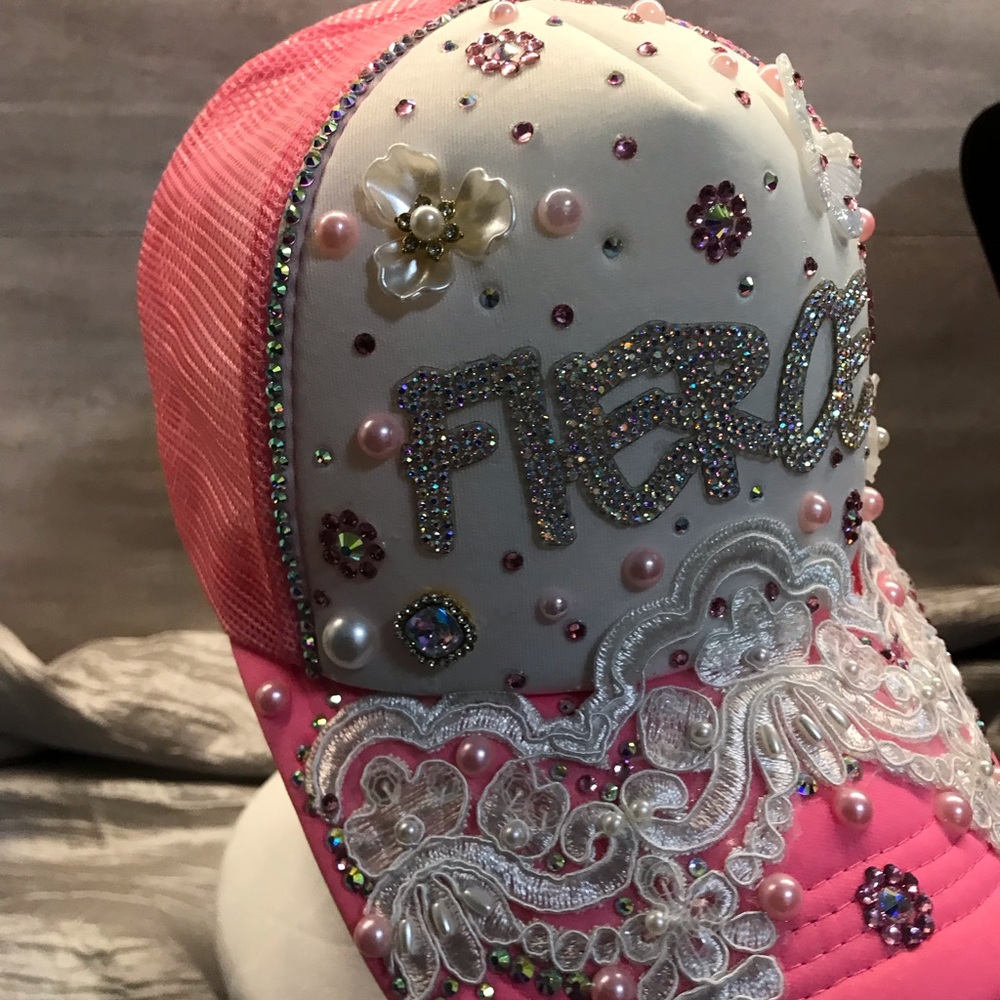 Embellished Pink and White Women’s Trucker Hat - Picture 4 of 11